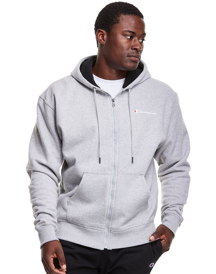 Champion Powerblend Fleece Full Zip Script Logo Erkek Kapşonlu Sweatshirt Gri ( EPORWN903 )